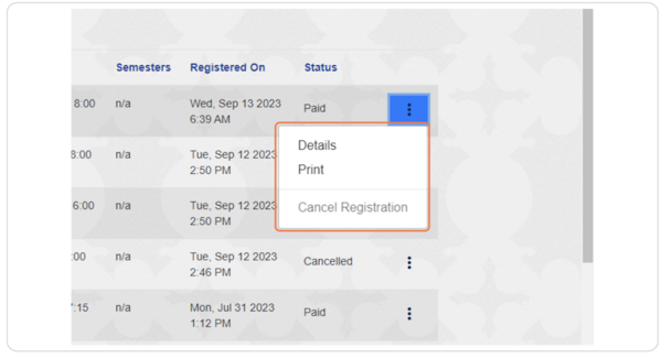 RecRegister screen grab of canceling a registration